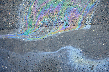 Wall Mural - An iridescent oil spill on the asphalt road showcases colorful designs, indicating both environmental contamination and a risk for motorists.