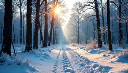 Wall Mural - Sunlight filters through bare tree limbs in a frozen forest landscape, snow-covered, frosty