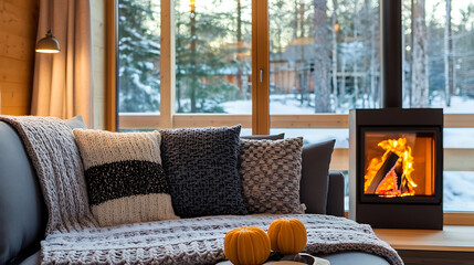 Wall Mural - Cozy winter home interior with knitted blankets and pillows, holiday country house in wood, warm fire and afternoon daylight