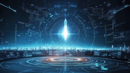 Futuristic cityscape with glowing digital interface and central light.