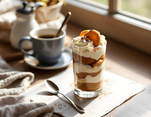 Wall Mural - A side view of a tall glass filled with layers of espresso-soaked ladyfingers and mascarpone cream, with a spoon resting beside it, illuminated by soft natural light from a nearby window.