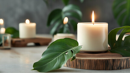 Wall Mural - Natural eco home decor with green leaves and burning candle on t