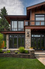 Sticker - Modern Stone and Wood House Exterior: Luxury Home Design, Contemporary Architecture, Real Estate