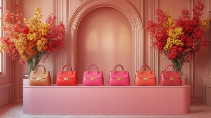 Pink display of designer handbags in a boutique setting with fall floral arrangements