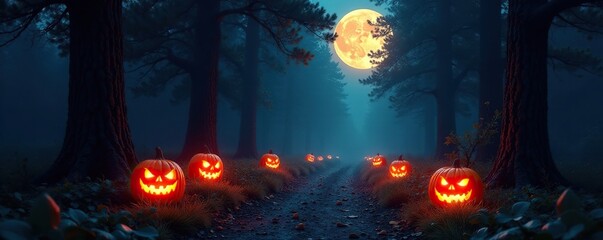Wall Mural - Mysterious forest path illuminated by glowing jack-o-lanterns and a full moon overhead, autumnal, darkness