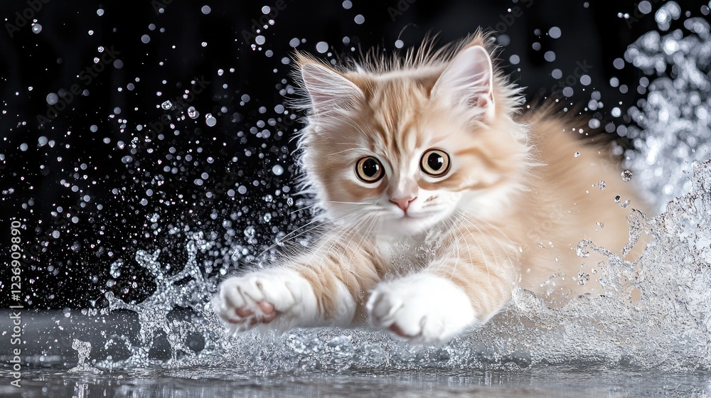 Cat leaps joyfully into a splash of water creating a playful scene of ...