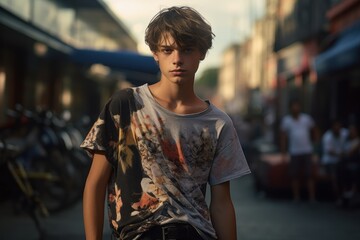 A young man wearing a shirt with a flower design stands in front of a bicycle