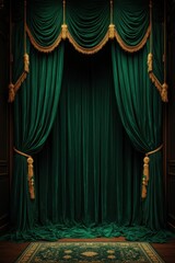 Wall Mural - green curtain in a dark room with gold trim