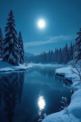 Wall Mural - A frozen lake shimmers under the light of a full moon casting a silver glow over the surrounding snow-covered trees, night sky, frosty, frozen lake