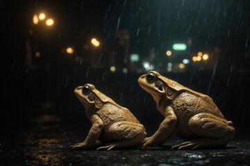 Wall Mural - two frogs sitting on the ground in the rain