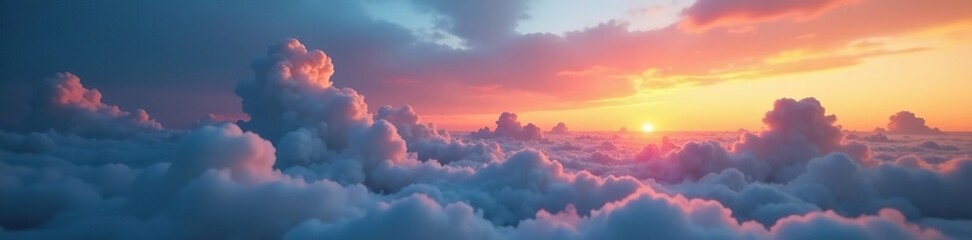 soft orange hues fade into deep blues at the horizon, serene, peaceful, clouds