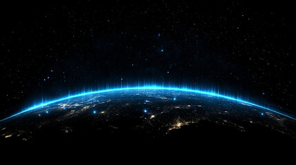 blue planet glow: earth from space, bathed in an ethereal blue glow, its cities twinkling with light