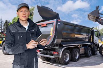 Poster - Fleet manager with digital tablet on a background of trucks