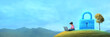 © AI Photo Stock - Secure Online Work in Nature - Person working on laptop with large digital lock in background, serene nature setting.  Represents secure online activities.