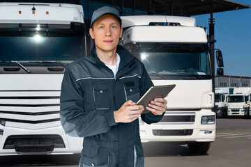 Poster - Fleet manager with digital tablet on a background of trucks