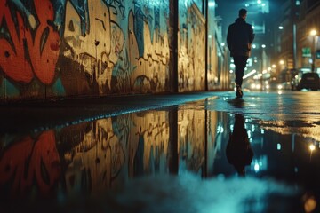 Nighttime urban scene  graffiti walls reflecting in puddles beneath city lights in realistic detail