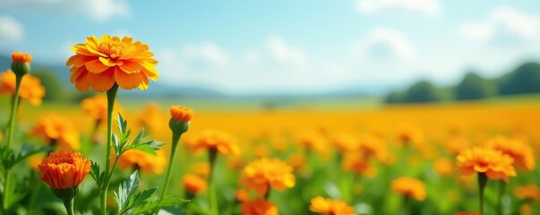 Wall Mural - Marigold flowers swaying gently in the breeze, wind, field, greenery