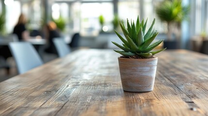 Poster - Succulent plant on rustic table in modern cafe