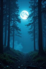 Wall Mural - A bright full moon shines down on a misty forest at night, mystical atmosphere, shadows, woodland scene