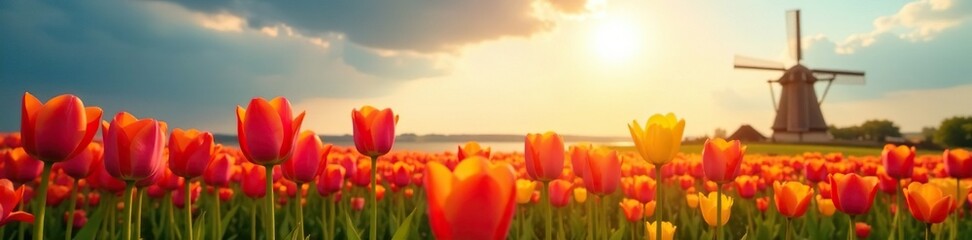 Wall Mural - Sunlit field of tulips swaying gently in the breeze near a windmill, breeze, greenery