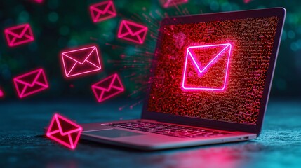 Red Alert Symbol Flashing on Laptop Screen with Email Icons