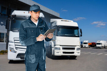 Poster - Fleet manager with digital tablet on a background of trucks