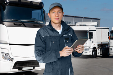 Poster - Fleet manager with digital tablet on a background of trucks