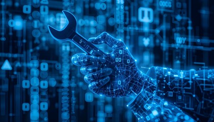 Blue digital hand holding wrench spanner with glowing binary code, AI in maintenance management systems
