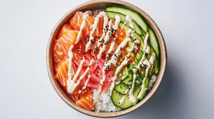 Poster - Fresh salmon poke bowl with avocado, rice, and cucumbers drizzled with creamy sauce