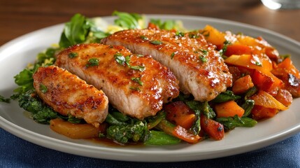 Wall Mural - Delicious grilled chicken breast with sauteed vegetables for a healthy meal