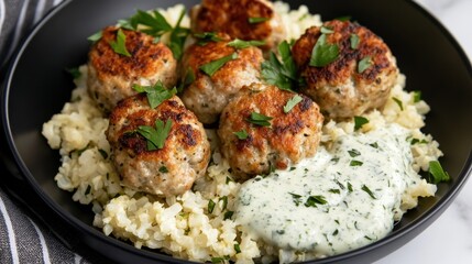 Wall Mural - Savory herb meatballs with creamy sauce on rice garnished with fresh parsley