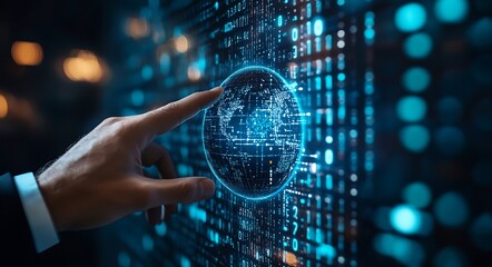 Hand interacting with a digital globe and binary code, symbolizing global connectivity and data.