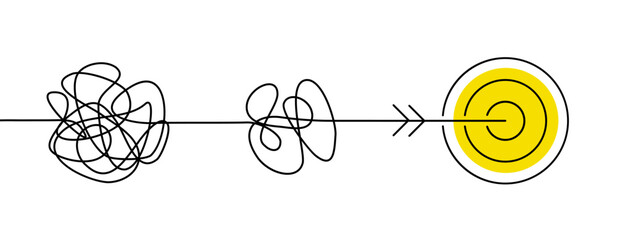continuous one line drawing of chaos tangle which gradually turns into achievement target, problem s