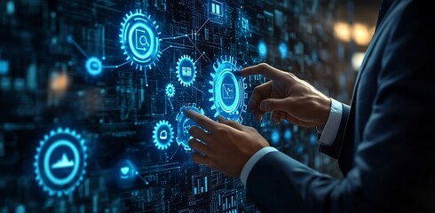Man interacts with a futuristic holographic interface showing gears and data.
