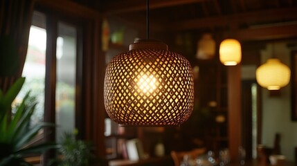 Poster - Wooden woven pendant lamp in a warm dining room