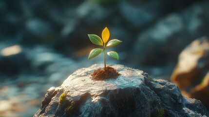 Wall Mural - Young sprout on rock outcrop, sunrise glow on stones