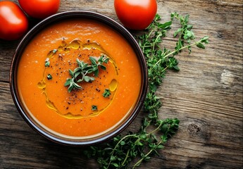 Delicious tomato soup garnished with herbs and olive oil