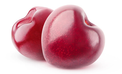 Fototapete - Two heart shaped sweet cherries isolated on white