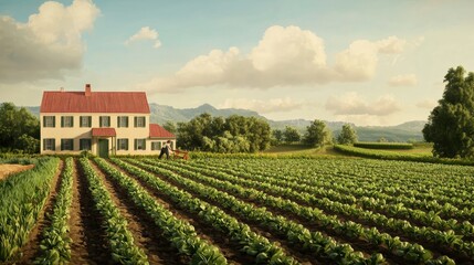 Scenic Farm Landscape with Crops and House under a Blue Sky