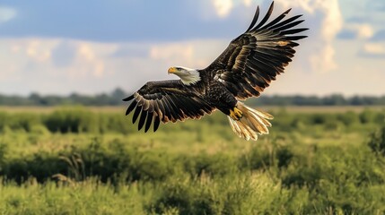 Majestic Bald Eagle in Flight Over Lush Green Landscape