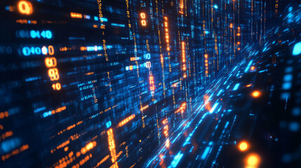Wall Mural - data highway concept visualization with binary program code and glowing fibres on dark background 3d