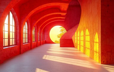 Canvas Print - Red architectural interior with arched windows, stairs, and sunset view.