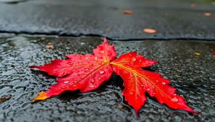 Wall Mural - a red leaf laying on top of a wet ground