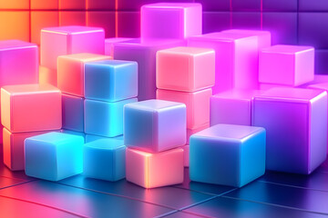 Wall Mural - a gradient background with glowing 3d blocks stacked in a grid, each representing various web3 eleme