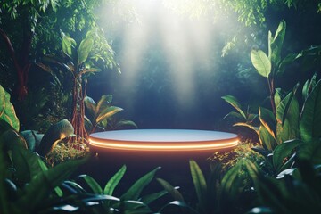 Wall Mural - 3D rendering of an empty circular podium surrounded by jungle foliage, with light shining down on it. The stage is illuminated and has neon lights around the edges