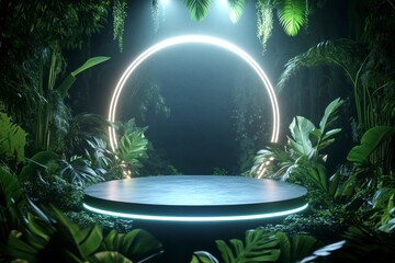 Wall Mural - 3D rendering of an empty circular podium surrounded by jungle foliage, with light shining down on it. The stage is illuminated and has neon lights around the edges