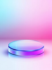 Sticker - A round glass podium set against a gradient background, a vector illustration in a colorful, minimalist style with blue and purple tones.