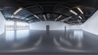 © Qaqas - 360 degree panorama of a modern, empty industrial space with white walls and black ceiling panels vr environment map. 3D Illustration