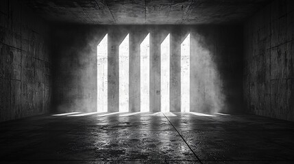 Canvas Print - Dark concrete room with light beams.