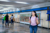 Confident young Latina woman with wavy hair, pink t-shirt, jeans, and a backpack prepares to enter the metro station in Mexico City using her mobility card.  